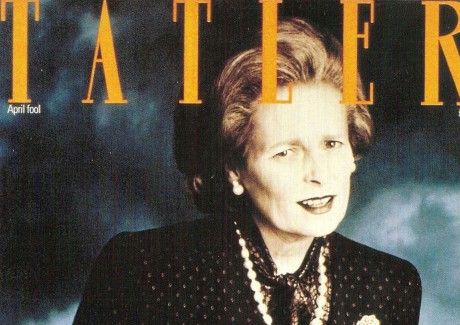 Vivienne Westwood dressed as Margaret Thatcher for the cover of Tatler magazine in 1989.
