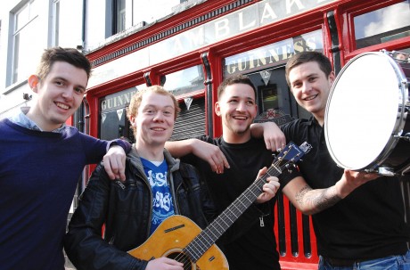 SINGING FOR SAM...Fermanagh Herald journalist Ryan Smith (left), is joined by local musicians, Darren Smyth, and Joel Johnson, as well as Blake's of the Hollow staff member, Padraig Lunny. The two musicians are members of two of ten acts who will perform across three stages in Blake's of the Hollow on May 25 in aid of the Sam Bradley Care Fund.