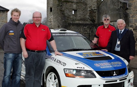 START YOUR ENGINES... l-r: Alistair Fisher,Lewis Boyd (Clerk of the Course) Alan Elliott (Ulster Rally) and Enniskillen Council Vice Chairman, Councillor Harold Andrews.