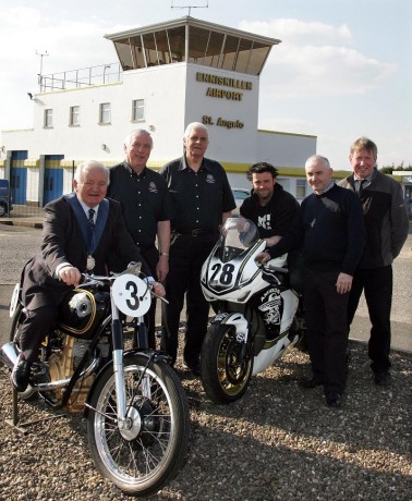 Pictured at the launch of the Enniskillen 100 revival event are, Councillor Harold Andrews, Vice Chairman, FDC on 1948 AJS 7R Kenny Loughran, P.R.O, Cookstown & District MCC Norman Crooks, Race Secretary, Cookstown & District MCC Paul Gartland, on Honda Fireblade Superbike Michael McGarrity, Irvinestown, Organising Committee Eddie McGovern, FDC, Organising Committee    