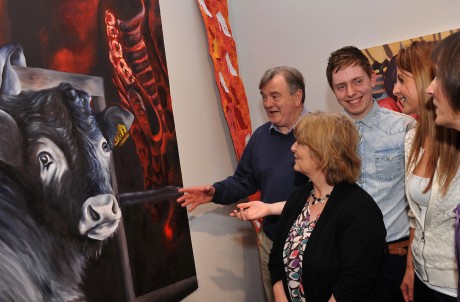 Seamus O'Dare (centre) explains his artwork 'Just A Number' to Malachy McAleer (Director, Southwest College), Carol Viney (Deputy Head of Technology), Clare McCarron (Course Tutor) and Kate Sheridan (Curriculum Manager) at the Higher Bridges Gallery - DM03