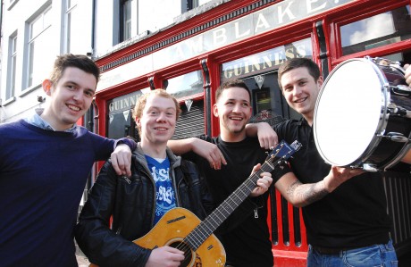 SINGING FOR SAM...Fermanagh Herald journalist Ryan Smith (left), is joined by local musicians, Darren Smyth, and Joel Johnson, as well as Blake's of the Hollow staff member, Padraig Lunny. The two musicians are members of two of ten acts who will perform across three stages in Blake's of the Hollow on May 25 in aid of the Sam Bradley Care Fund