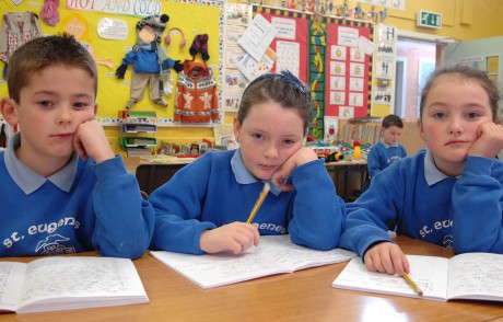Unhappy pupils from St. Eugene's Primary School Knocks after being told thie week their school is offically closing at the end of this term, from left are Tiaran Wray, Abigail Rice and Mia McGrory 