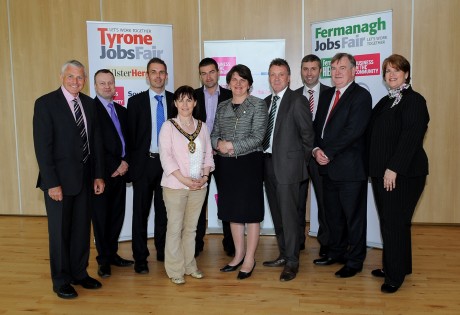 LAUNCH... Pictured launching the Let’s Work Together Fermanagh and Tyrone jobs fairs are (l-r): Seamus McCaffrey, Chair of the Omagh Business Leadership Network, Jim Masterson, Chair of the Enniskillen Business Leadership Network, Nigel McDonagh, Editor, Ulster Herald, Chair of Omagh District Council, Cllr Anne Marie Fitzgerald, Maurice Kennedy, Editor, Fermanagh Herald, Arlene Foster MLA, Minister of Enterprise, Trade & Investment, Kieran Harding, Managing Director, Business in the Community, Dominic McClements, General Manager, Fermanagh Herald, Ulster Herald & North-West News Group, Malachy McAleer, Director South West College and Sheila Whelan Duffy, Head of Employability, Business in the Community
