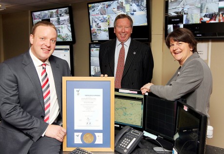 Enterprise Minister Arlene Foster officially launched “BSecure Solutions” a new monitoring facility operating in Fivemiletown.   Pictured (l to r) are Jason McElwaine, Managing Director, B Secure Monitoring Solutions, Jeff Little, CEO, National Security Inspectorate and Enterprise Minister Arlene Foster.