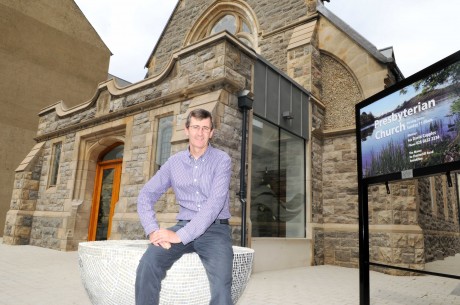 Rev David Cupples pictured outside the new look front of Enniskillen Presbyterian Church, which reopens on Sunday for services after major renovations