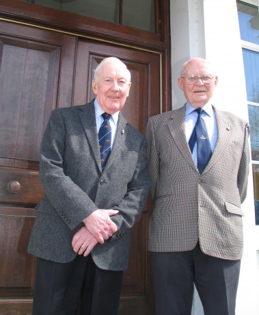 WE MEET AGAIN... Former ‘old boys’ of 502 Auxiliary Squadron Dick Spence and Enniskillen man and WW2 pilot Bill Eames outside the officers mess at  Aldergrove station