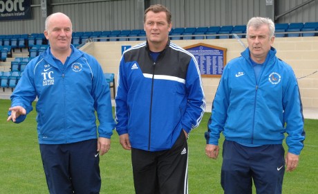Jim Magilton, Former Northern Ireland player now working for the Irish Football association, pictured during his visit  to the Ballinamallard Football club to see their facilities. Pictured showing him around is Whitey Anderson first team manager and Ray Sanderson manager of their Irish League Youth team gkfh1