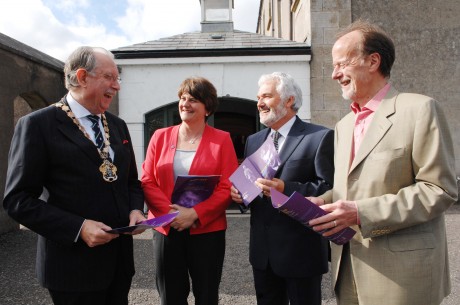 Minister Arlene Foster sharing a joke with the other speakers who along with her addressed the gathering at the launch of the Beckett Festival week-end. They are Alex Baird Chairman of Fermanagh District Council Robin Morton Principal of Portora and Bob Collins Chairman of the Arts Council 