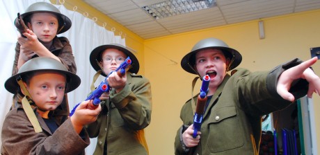 A scene from the Class Act Drama  performance in Brookeborough Primary School shows budding actors,Emily Morton, Nicole McElgunn, Keely Dorrian and Oonagh McManus on Stage. The play is all about World War One  