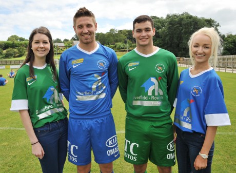NEW SEASON, NEW LOOK...Presenting Ballinamallards new 2013/14 home and away strip at Ferney Park are Alexandra Palmer, Mark Stafford, Stuart Huthison and Melanie Fisher