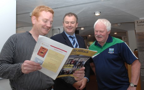 Sean O' Murchadha who is the tutor at the Irish language course  at theEnniskillen Castle Museum, pictured with Tommy Mclaughlin Fermanagh District Council and Greg kelly Fermanagh GAA County Board 