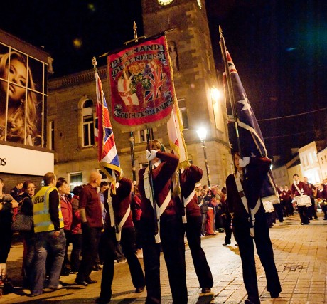 The South Fermanagh Red Hand Defenders lead the parade through Enniskillen