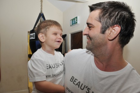 Little Beau Angelides, with his father Paul at the launch of the boxing tournament in Mahon's Hotel which is being organised by Daniel Carron to raise funds for Beau who suffers from a rare genetic disease, called San Pillippo Syndrome 