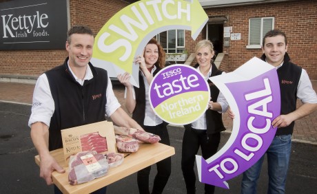 The Kettyle Irish Foods team has welcomed the launch of the Tesco Switch to Local campaign at their Lisnaskea HQ.  Pictured are Ian Kernaghan, Production Manager, Belinda Carey, receptionist, Gemma Jennings, Sales and Duane Kille, Factory Manager