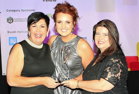 Fiona Gallagher, left and Nicola Byers, centre from HenorStag.com collecting the Chartered Institute of Marketing Award for ???Best Marketing and Sales - Destination Tourism and Hospitality Industry