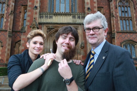 Queen's University Pro-Vice-Chancellor Professor Tony Gallagher and PhD student Luke Burns from the School of Chemistry and Chemical Engineering get the Queen's university-wide Movember campaign up and running with the help of Unique Man of Hillsborough's senior stylist Elaine Stevenson (left). Photo/Paul McErlane