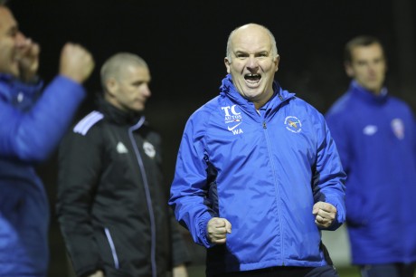 Whitey Anderson celebrates as the final whistle blows with Ballinamallard having secure some vital points