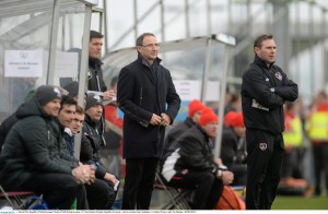 Republic of Ireland under-17 manager Tom Mohan, right, during a group game being watched by the Republic’s senior manager Martin O’Neill