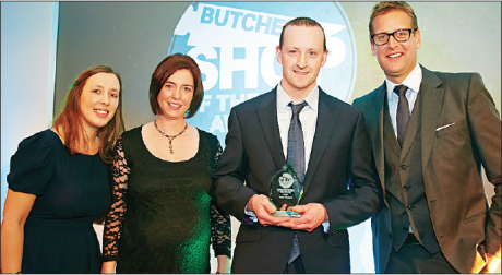 Kieran Meehan, proprietor of Clogher Valley Meats, receives Northern Ireland Best Butcher's Shop of the Year 2014 award from Sky Sports star Ed Chamberlin, Rosewood London Hotel.
