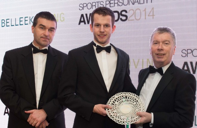 Athlete Mark Hoy (centre) collects the Overall Sports Personality of the Year Award from Fergus Cleary, Head of Design, Belleek Group (on right) and Maurice Kennedy, editor, Fermanagh Herald.