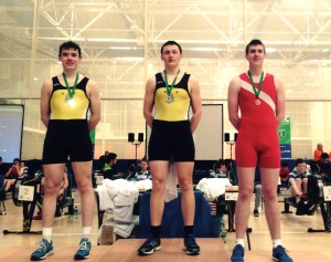 Portora's Aaron Johnston and Ross Corrigan receive their J16 medals at the Irish Indoor Rowing Championships in Limerick.