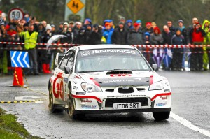 Garry Jennings and Rory Kennedy in action at the Birr Stages in their Subaru Impreza.