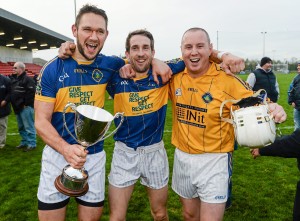 Kevin McGarry, Andy Savage and Karol Keating celebrate after shocking Cushendall in the Ulster Club SHC final.