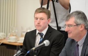 John Coyle looks apprehensive before the Q&A session began at Fermanagh House, Enniskillen.