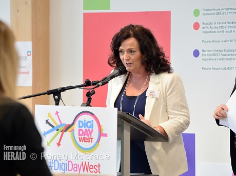 Yvonne Megahy speaks to the large crowd in attendance at the Digi Day West event