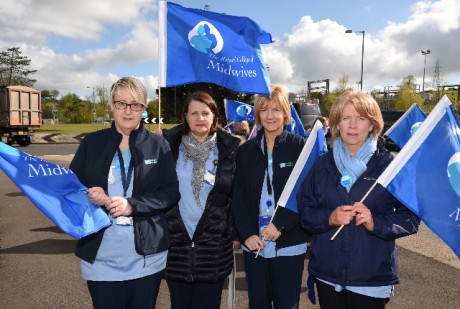 The Royal College of Midwives haven't striked in 134 years until Thursday 30th April.  Pictured on strike at the South West Acute Hospital in Enniskillen are, from left, Claudine Maguire, Mary Reihill, Tracey McEvoy and Nora Cadden