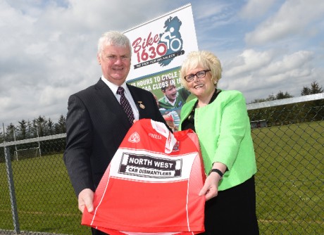 Lending his support to Bike 1630, GAA President Aogan O'Fearghail is pictured with Belnaleck club secretary Finola Owens    RMGFH19