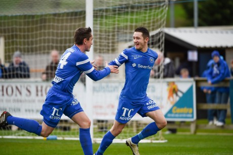 Ballinamallard goalscorer Liam Martin is congratulated by team-mate James McKenna however the celebrations are shortlived    RMGFH117