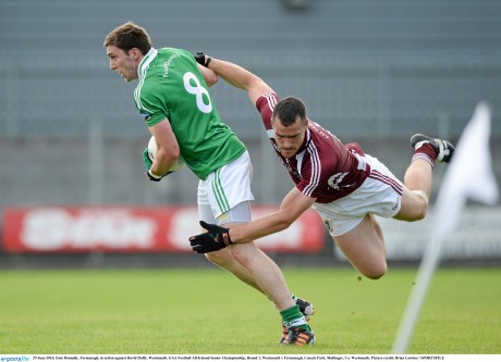 29 June 2013; Eoin Donnelly, Fermanagh, in action against David Duffy, Westmeath. GAA Football All-Ireland Senior Championship, Round 1, Westmeath v Fermanagh, Cusack Park, Mullingar, Co. Westmeath. Picture credit: Brian Lawless / SPORTSFILE