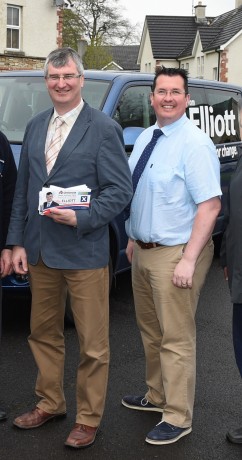 Tom Elliott MP and newly appointed MLA Neil Somerville pictured canvassing during Tom Elliott's campaign trail for Westminster    RMGFH104