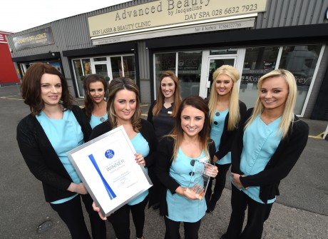 Advanced Beauty, Enniskillen were recently awarded the International Institute of Anti Aging Salon of the Year Award at the Savoy Hotel in London.  Salon manager Jacqueline McCaffrey was presented the award by well known personality Katie Piper.  From left, Roisin McElgunn, Stacey McCabe, Jacqueline McCaffrey, Lori Corrigan, Lauren McManus, Leah Logan and Linda McCaffrey    RMGFH01