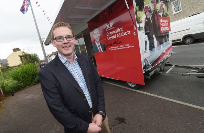 Councillor David Mahon outside his mobile office in Lack recently    RMGFH34