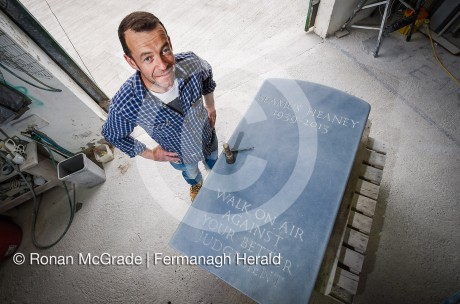 Fermanagh based stonemason, Michael Hoy of Ernestone, stands beside Seamus Heaney's headstone that was carved in his workshop in Monea    Picture: Ronan McGrade