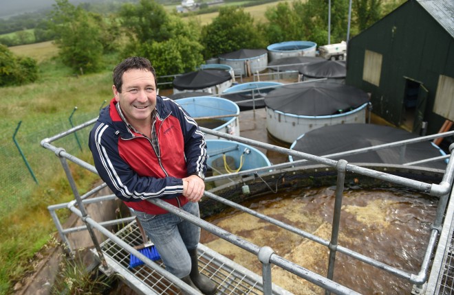 Paul Kearney stands on the main header tank that supplies the hatchery with a constant natural flow of water that remains at 10 degrees all year round    RMGFH01