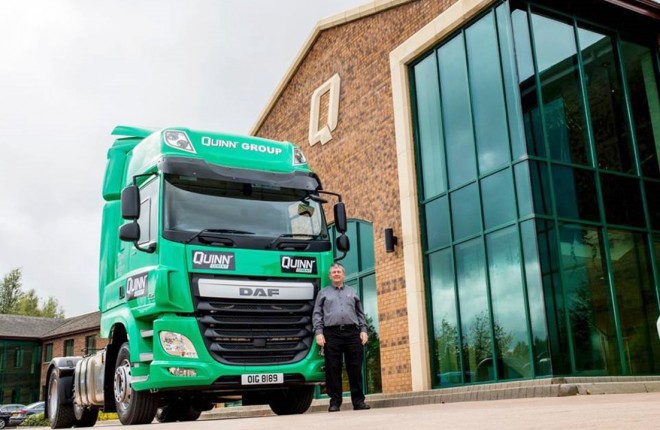 Gearoid Gilheany, Transport Manager with Quinn Building Products, with the first of the new Lorries in a major overhaul of the Quinn fleet