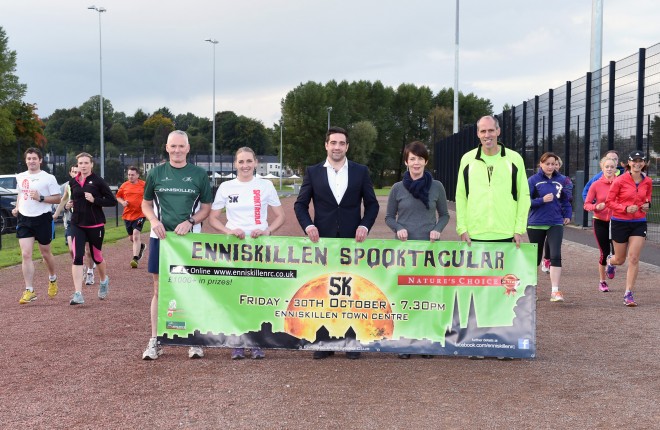 Launching the Enniskillen Spooktacular 5K at the Broadmeadow were, from left, Stephen Clawson (Enniskillen Running Club), Janice Ferguson (Ferguson Solicitors), Michael Cadden (Pat's Bar), Nuala Lilley (Nature's Choice) and Dessie Elton (Enniskillen Running Club).