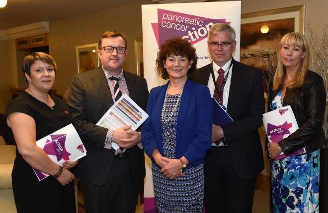 From left, Kerry Irvine, regional representative of Pancreatic Cancer Action, Mr Mark Taylor, Consultant General and Hepatobiliary surgeon, Anna Gavin, Director N.ireland Cancer Registry, Dr Martin Eatock, Consultant medical oncologist, and Ali Stunt, a survivor of Pancreatic cancer, who took part in a forum at the Silver Birch Hotel on Wednesday.  MC 130