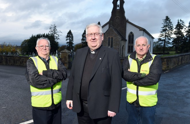 A spate of thefts at churches throughout the county has led to volunteers forming a church security group to keep watch on carparks during Sunday mass and church services.  From left, Tom McBrien, Fr Fintan McKiernan and Joe Brown outside Derrylin Chapel    Picture: Ronan McGrade