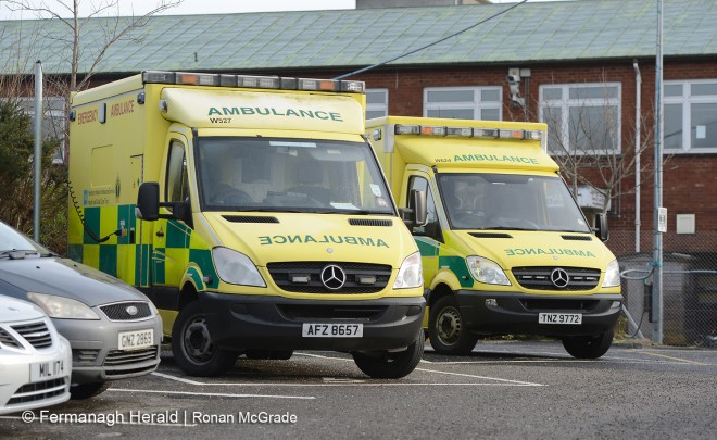 Ambulances lined up at the Enniskillen Ambulance depot    RMG02