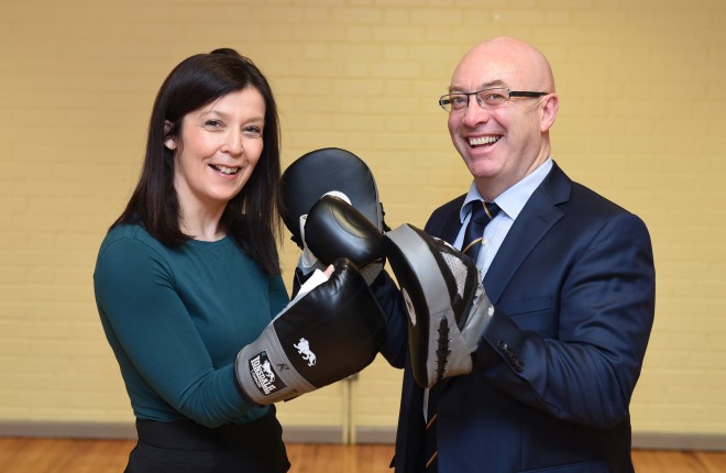 Denise McCallion, Public Health Agency, and Councillor Thomas O'Reilly, Chairman of Fermanagh and Omagh District Council, launching the Women's Activity Programme at the Lakeland Forum, Enniskillen.