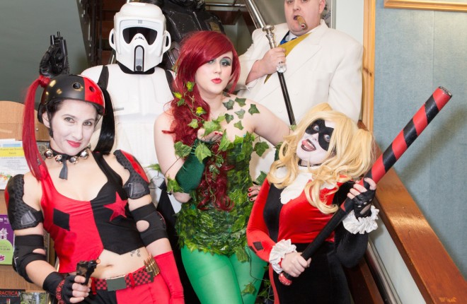Jessica Odell, Catherine McGowan, Andy Brown, Amy Donaghy, Stephen McGowan and Naiomi Harley all dressed as popular comic book characters for the launch of Comic Fest    JPM7542