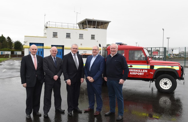 At the Northern Ireland Air Ambulance Service committee meeting at St Angelo Airport recently were, from left, Peter Quinn (Trustee), Alan Cathcart (Managing Director, Enniskillen Airport), Ian Crowe (Chairman), Ray Foran (Trustee) and Rodney Connor (Trustee)    RMG44