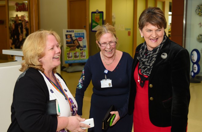 First Minister Arlene Foster with Jill Weir and Kathryn Gault at the South West Acute Hospital    RMG107