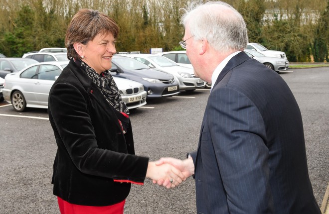 First Minister Arlene Foster is welcomed to Lakeside Medical Practice by Dr Davidson    RMG01