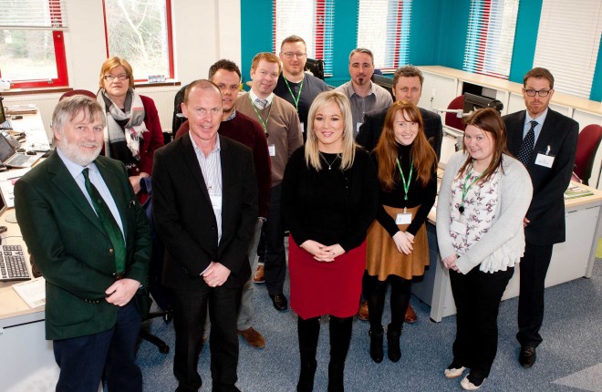Agriculture Minister Michelle O'Neill pictured with staff from Forest Service as she officially opens Forest Service's new Headquarters in Enniskillen following the relocation from Belfast as part of the Minister's wider decentralisation process